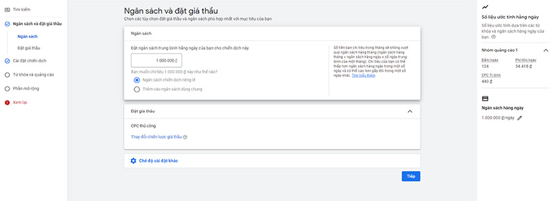Cài đặt ngân sách và giá thầu