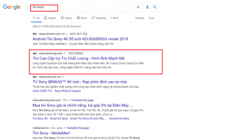 Để chung bộ từ khóa cho tất cả nhóm sản phẩm tivi