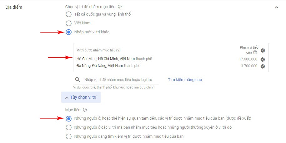 Chọn vị trí quảng cáo