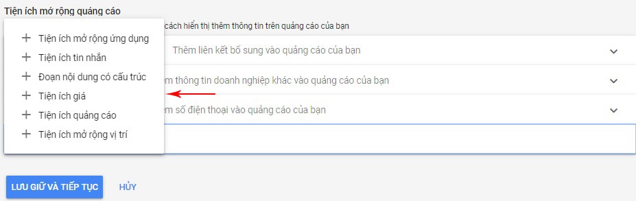 Danh sách tiện ích Google Ads