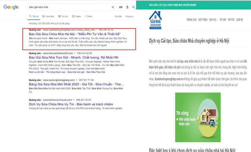 Trang đích không chứa giá chỉ bao gồm các thông tin quảng cáo