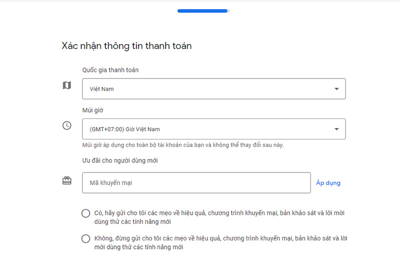 Xác nhận quốc gia, múi giờ cùng các mã giảm giá